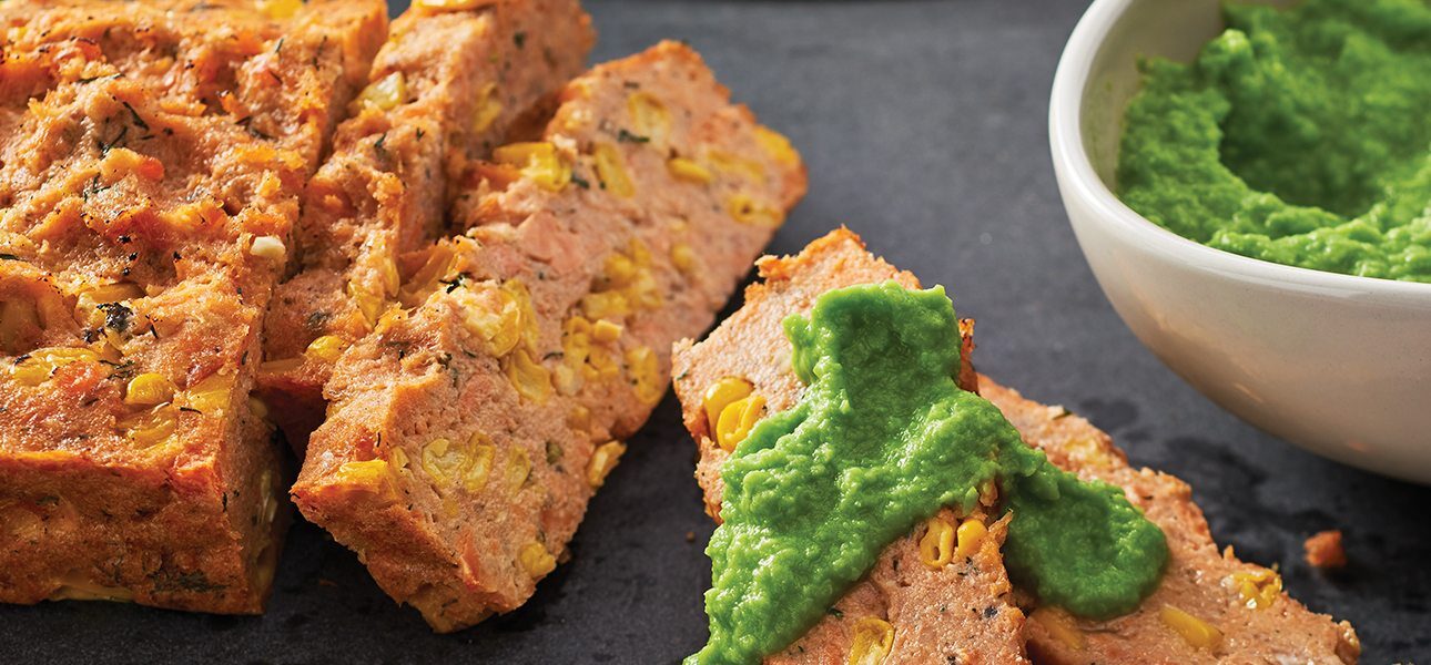 Salmon & Corn Loaf with Wasabi Pea Purée